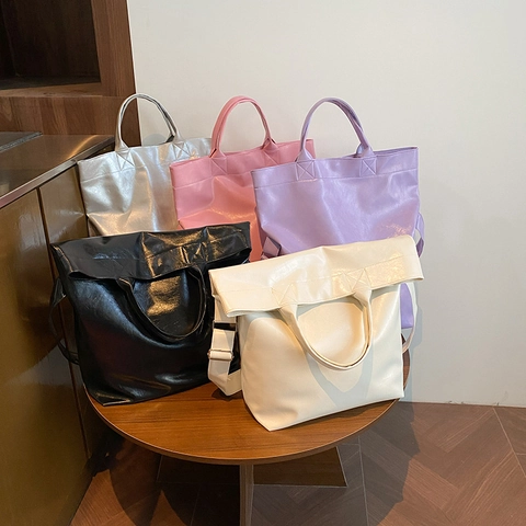 Bolso Tote de Cuero PU de Gran Capacidad para Mujer con Solapa Plegable Bolso de Mano Moda Callejera Color Sólido Bolso de Hombro Cruzado