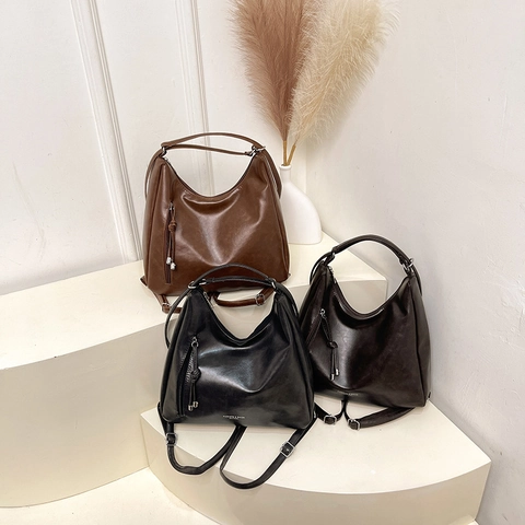Vintage Γυναικεία Τσάντα Hobo από Δέρμα PU Πολυλειτουργική Μεγάλης Χωρητικότητας Τσάντα Ώμου Χιαστί Σακίδιο Με Λεπτομέρεια Φούντας