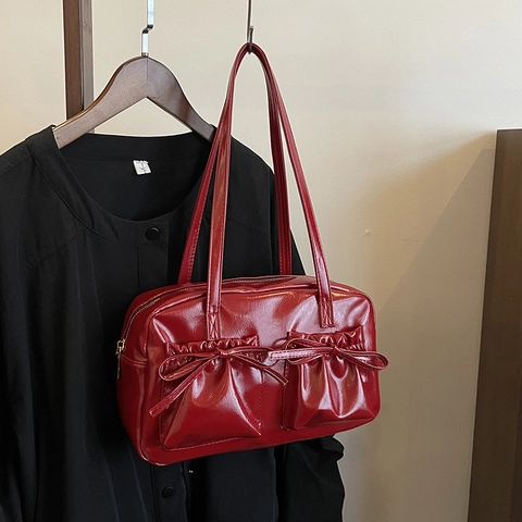 Dames Glanzend PU Leer Schoudertas Retro Strik Tote Bag Geplooid Dubbele Zak Casual Onderarmtas Handtas