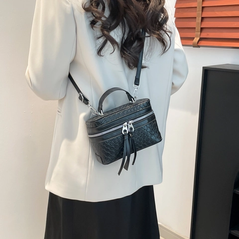 Sac Seau Femme Texture Tissée Mini Boîte Cuir PU Sac Bandoulière Avec Fermeture Éclair À Franges Mode Quotidienne