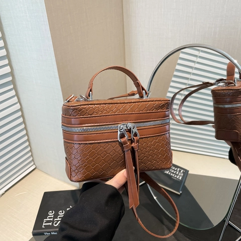 Sac Seau Femme Texture Tissée Mini Boîte Cuir PU Sac Bandoulière Avec Fermeture Éclair À Franges Mode Quotidienne