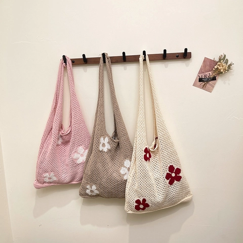 Sac Cabas Tissé à la Main à Motifs Floraux Sac à Épaule au Crochet Doux Sac de Plage Ajouré pour Femmes Léger Grande Capacité