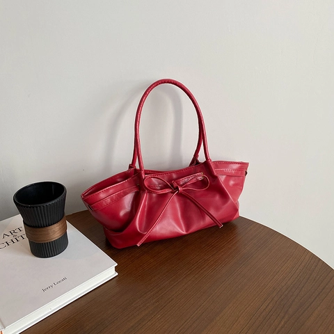Large Capacity Women PU Leather Shoulder Bag With Bowknot Decor Stylish Pleated Handbag For Summer Daily Versatile Tote