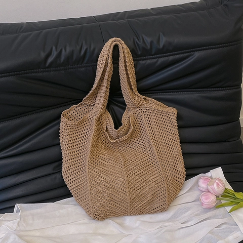 Borsa Tote da Donna Casual in Maglia all'Uncinetto Grande Capacità Traforata Tessuta a Tracolla Borsa a Mano per Vacanze al Mare