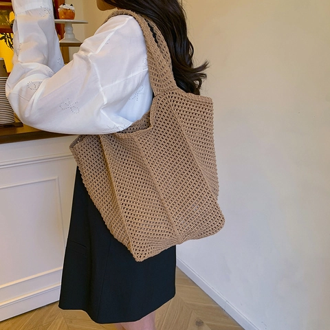Damen Strick Tote Bag Mit Lochmuster Große Kapazität Gehäkelte Gewebte Schultertasche Sommer Strand Boho Stil