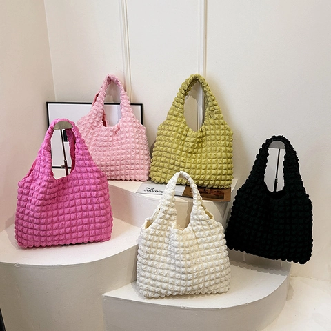 Borsa Tote Texture Bolle Grande Capacità Per Donna Borsa A Mano Versatile In Tessuto Popcorn Increspato Casual