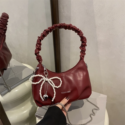 Women Underarm Bag PU Leather Ruched Handle Artificial Pearl Bow Charm Metal Chain Strap Fashion Shoulder Handbag Commuting