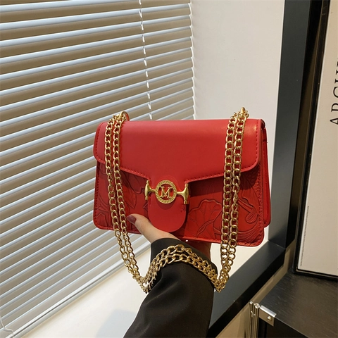Sac à Bandoulière Vintage Gaufré Floral pour Femmes Mode Cuir PU Chaîne Sac à Bandoulière Urbain Simple Petit Sac Carré