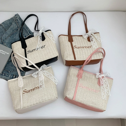 Dames Strovlechtwerk Tote Bag Summer Letterborduurwerk Grote Capaciteit Strandtas Met Kanten Strik PU-Leren Schoudertas