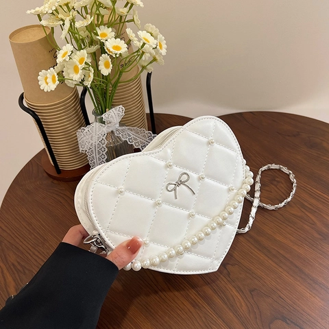 Women Heart Shaped Crossbody Bag PU Leather Quilted Rhombus Artificial Pearl Bow Chain Shoulder Bag For Daily Party Lolita Style