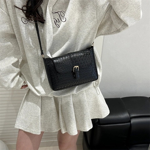 Women Vintage PU Leather Woven Texture Small Square Bag Retro Crocodile Pattern Crossbody Shoulder Bag All Match Style