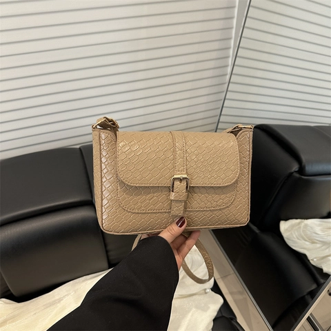 Women Vintage PU Leather Woven Texture Small Square Bag Retro Crocodile Pattern Crossbody Shoulder Bag All Match Style