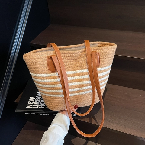 Borsa Tote Intrecciata a Righe Grande Capacità Con Manico in Pelle PU Borsa a Tracolla Stile Vacanza al Mare per Donna