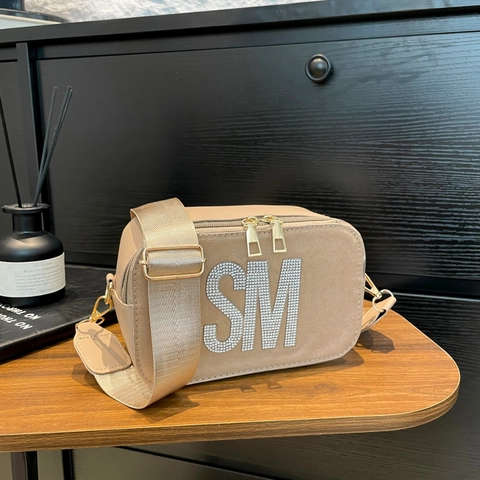 Rhinestone Letter Crossbody Camera Bag For Women Trendy PU Leather Wide Shoulder Strap Square Shoulder Bag