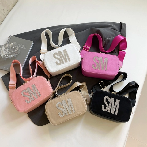Rhinestone Letter Crossbody Camera Bag For Women Trendy PU Leather Wide Shoulder Strap Square Shoulder Bag