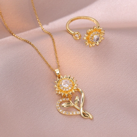 Rotierende Sonnenblume Herz Halskette Und Ring Titanstahl Zirkon Mikropave Schlüsselbeinkette Für Damen Eleganter Schmuck