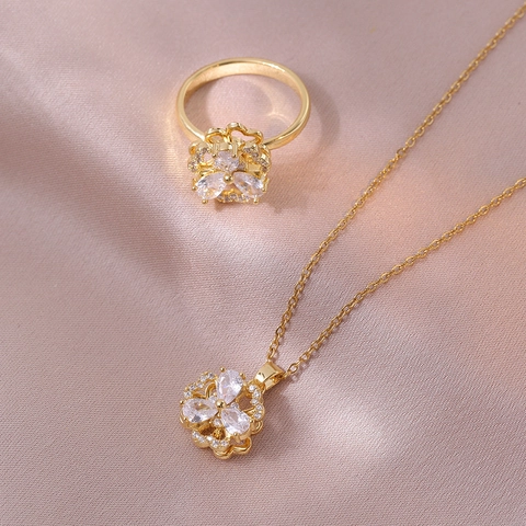 Zircon Flower Pendant Necklace And Ring Titanium Steel Elegant Spinning Floral Jewelry For Women Lightweight Luxury Design