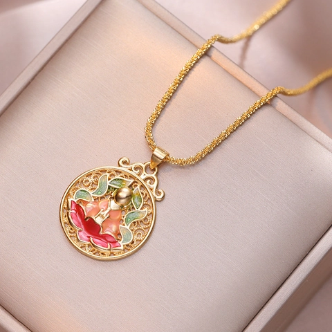 Antik Stil Buddha Lotus Anhänger Halskette Emaille Prozess Vergoldet Edelstahl Hohl Rund Schmuck