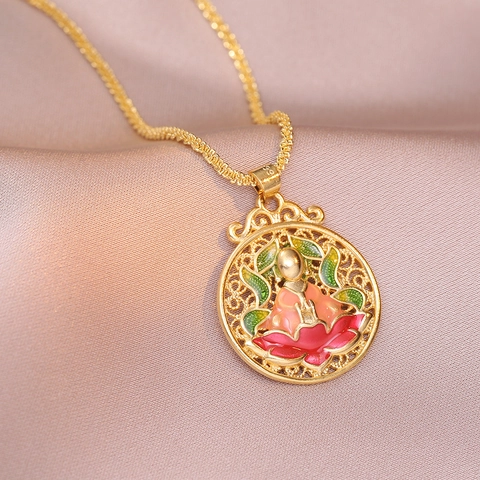 Antik Stil Buddha Lotus Anhänger Halskette Emaille Prozess Vergoldet Edelstahl Hohl Rund Schmuck