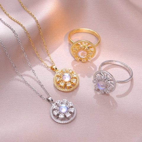 Fashion Rotating Flower Zirconia Necklace Ring Set For Women Titanium Steel Gold Silver Plated Moonstone Effect Pendant Jewelry