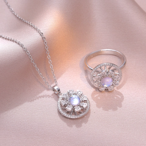 Fashion Rotating Flower Zirconia Necklace Ring Set For Women Titanium Steel Gold Silver Plated Moonstone Effect Pendant Jewelry