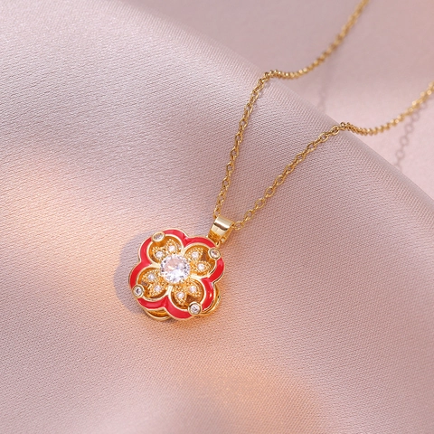 Collana Con Pendente A Fiore Quadrifoglio Rotante Acciaio Inossidabile Zircone Smalto Gioielli Da Donna