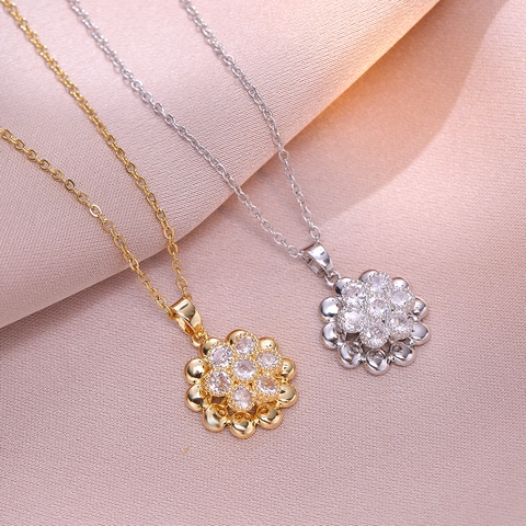 Collier Pendentif Fleur Rotatif Acier Inoxydable Incrusté De Zircon Bijoux Floraux Brillants Pour Femmes Cadeau Élégant