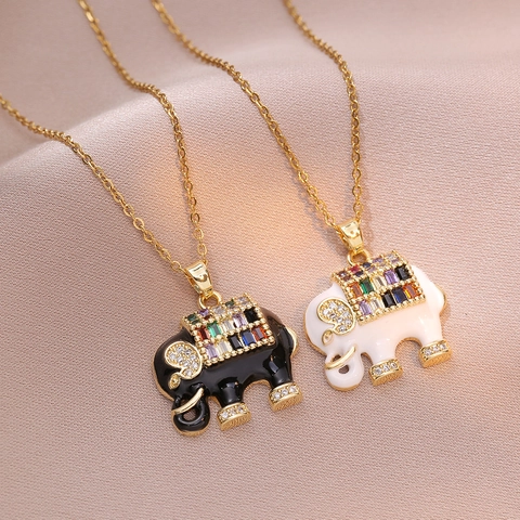 Elephant Pendant Necklace Titanium Steel And Copper Colorful Cubic Zirconia Enamel Animal Charm Jewelry For Women
