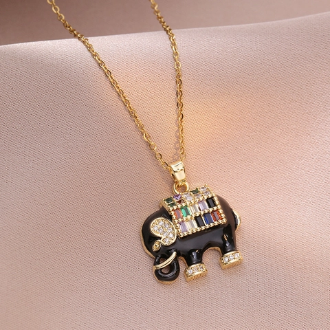 Elephant Pendant Necklace Titanium Steel And Copper Colorful Cubic Zirconia Enamel Animal Charm Jewelry For Women