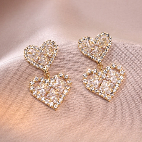 Heart Star Square Stud Earrings Zircon Inlaid Gold Plated Copper For Women Fashion Jewelry With Silver Earring Post