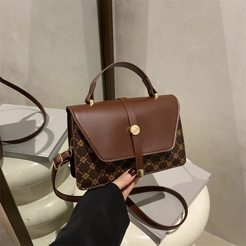 Bolso Bandolera Vintage Con Monograma Para Mujer Color En Contraste PU Cuero Bolso De Mano Pequeño Con Asa Y Correa