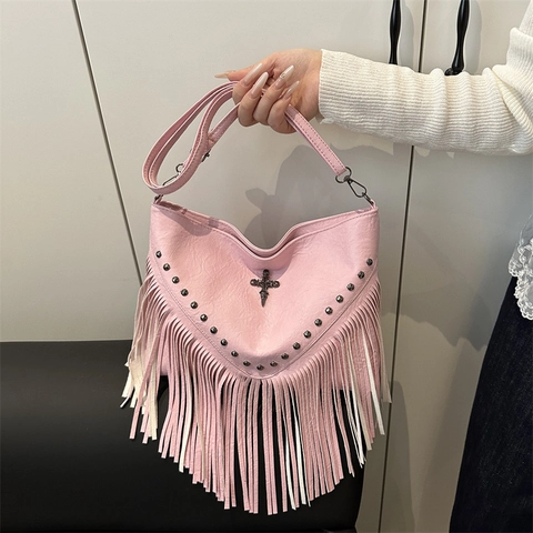 Borsa Hobo Con Frange E Nappine Pelle PU Borchie Decorazione A Croce Borsa A Tracolla Stile Boho Gotico Per Donne