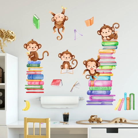 Adesivo da Parete Acquerello Scimmia e Libri in PVC Rimovibile per Camera dei Bambini Asilo Camera da Letto Scuola Decorazione