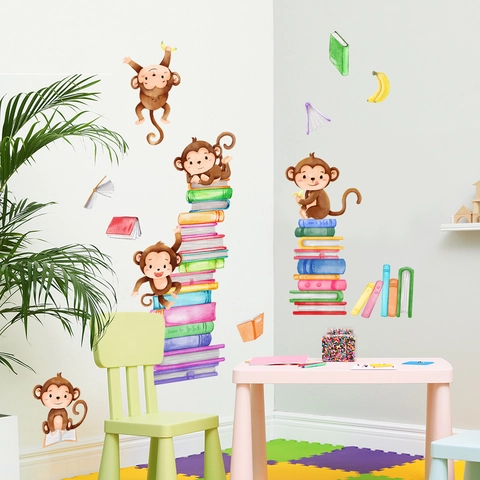 Adesivo da Parete Acquerello Scimmia e Libri in PVC Rimovibile per Camera dei Bambini Asilo Camera da Letto Scuola Decorazione