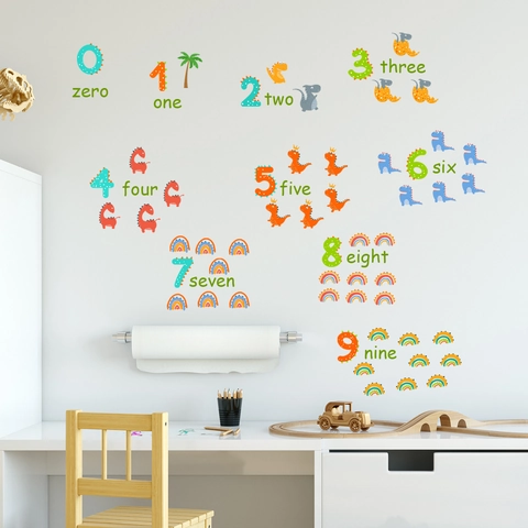 Adesivi Murali Educativi Numeri Dinosauri Parole Inglesi PVC Decalcomanie Removibili Per Decorazione Camera Bambini