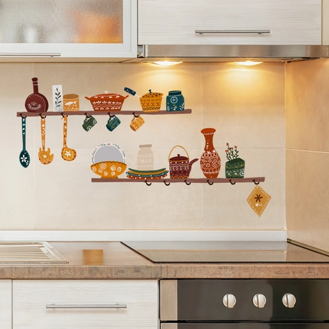 Nordic Retro Kitchen Wall Stickers Removable PVC Self Adhesive Cookware Pattern Decals For Dining Room Home Decoration