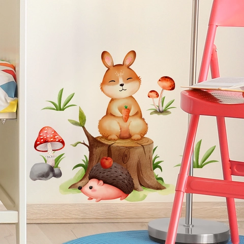 Vinilos Decorativos de Animales del Bosque PVC Acuarela Conejo Erizo Hongos Calcomanías para Habitación Infantil