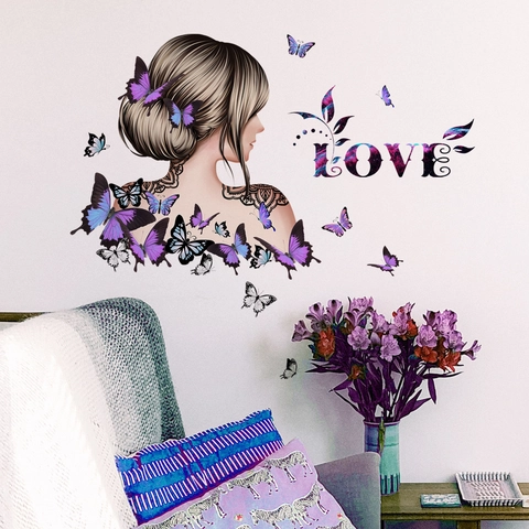 LOVE Artistique Silhouette de Femme Papillon Sticker Mural PVC Romantique Violet Bleu Mural pour Chambre à Coucher Maison