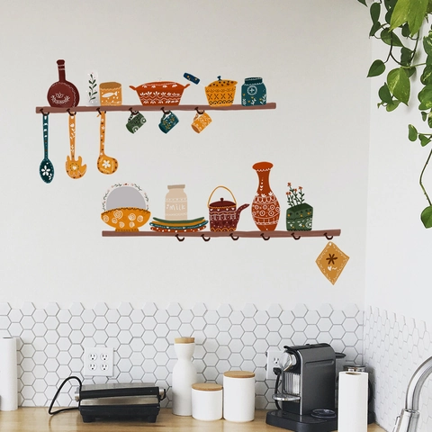 Nordic Retro Kitchen Wall Stickers Removable PVC Self Adhesive Cookware Pattern Decals For Dining Room Home Decoration