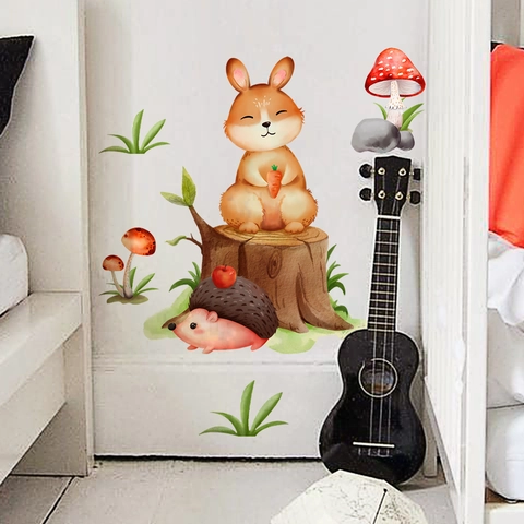Vinilos Decorativos de Animales del Bosque PVC Acuarela Conejo Erizo Hongos Calcomanías para Habitación Infantil
