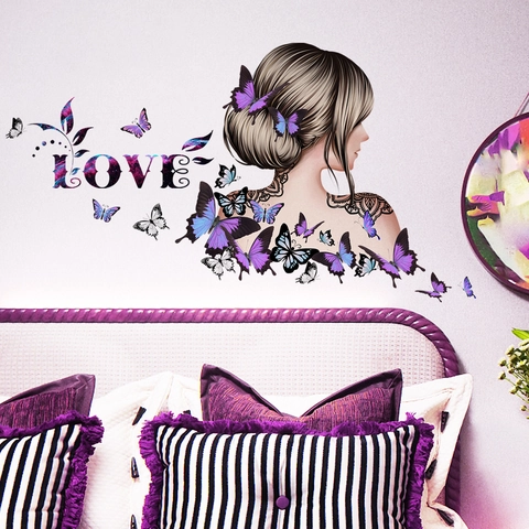 LOVE Artistique Silhouette de Femme Papillon Sticker Mural PVC Romantique Violet Bleu Mural pour Chambre à Coucher Maison