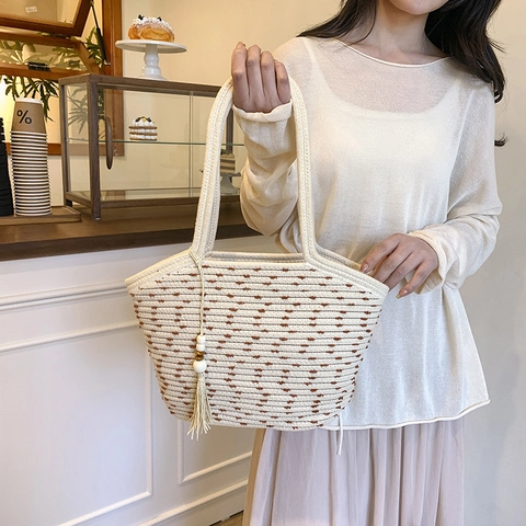 Large Capacity Hand Woven Cotton Straw Tote Bag Women Polka Dot Pattern Tassels Wood Beads Casual Summer Beach Shoulder Bag