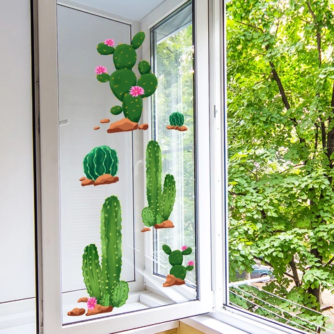 Cactus Wall Stickers PVC Static Cling Window Decals Green Succulent Plants Design Home Living Room Bedroom Decoration