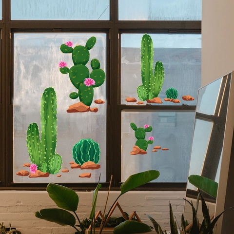 Cactus Wall Stickers PVC Static Cling Window Decals Green Succulent Plants Design Home Living Room Bedroom Decoration