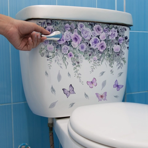 Paarse Roos Bloem Vlinder Toiletsticker Waterdicht PVC Zelfklevend Badkamer Decoratie Muursticker