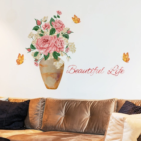 Beautiful Life Vinilo de Pared Jarrón de Flores PVC Impermeable Autoadhesivo Flor de Rosa Mariposa Calcomanía de Pared Para Sala de Estar Dormitorio Decoración Hogar