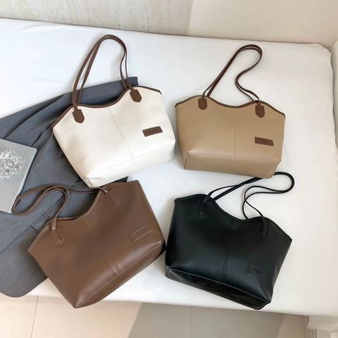Minimalist Solid Color Large Capacity Tote Bag PU Leather Urban Fashion Underarm Shoulder Bag Contrast Piping Daily Bag