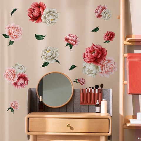 Peony Flower Wall Stickers PVC Self Adhesive Floral Decals For Living Room Bedroom Romantic Home Decor Elegant