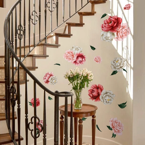 Peony Flower Wall Stickers PVC Self Adhesive Floral Decals For Living Room Bedroom Romantic Home Decor Elegant