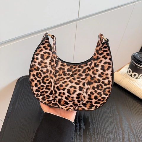 Dames Luipaardprint PU Leer Halve Maan Schoudertas Vintage Hobo Okseltas Trendy Street Style Kleine Crossbody Portemonnee